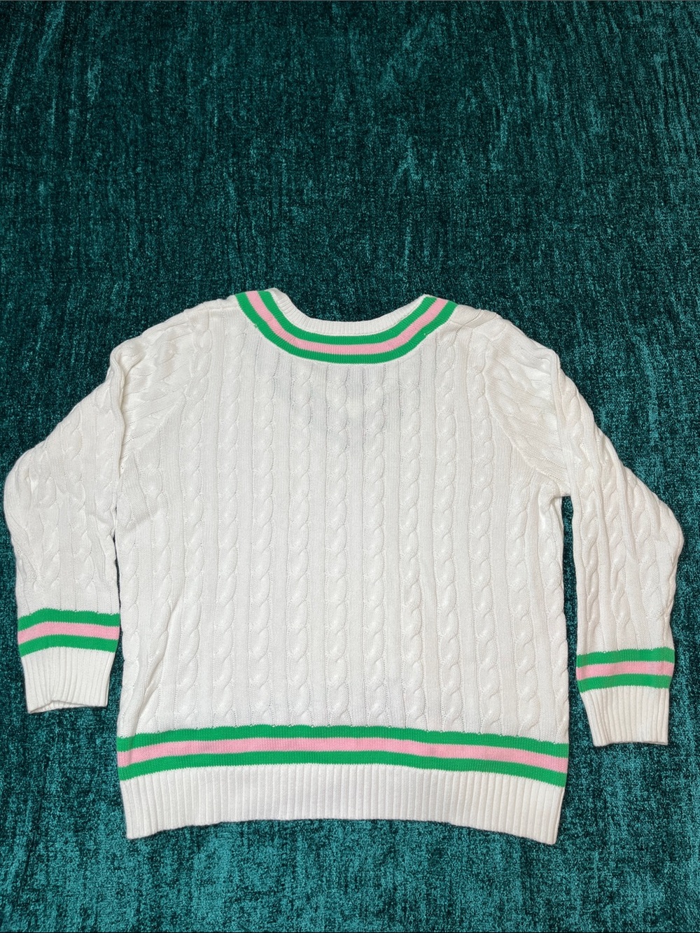 Lily Pulitzer-White Cable-Knit V-Neck Sweater with Green & Pink Trim-XL - Picture 5 of 7